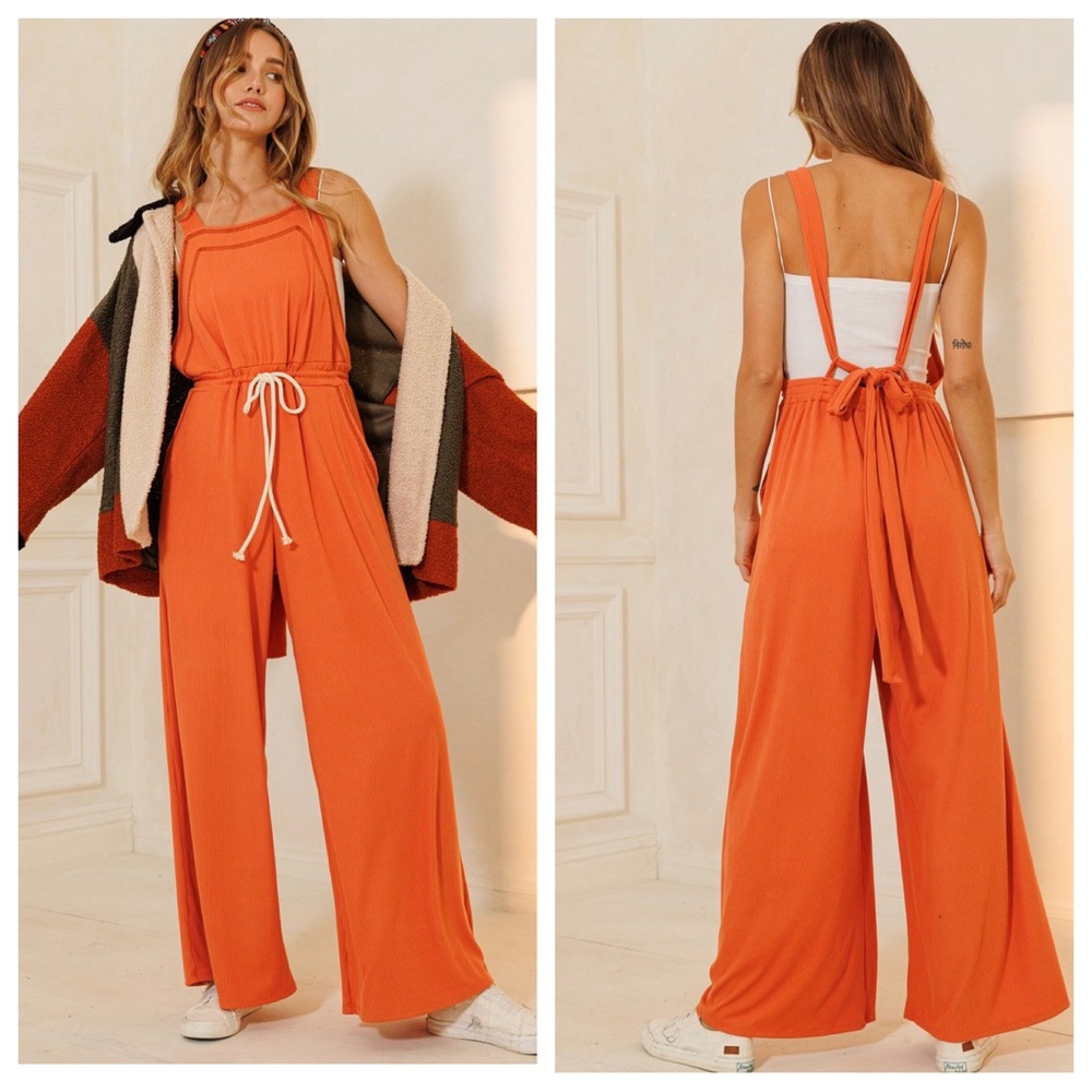 16 Boho Ribbed Knit Wide Leg Tie at Waist Jumpsuit